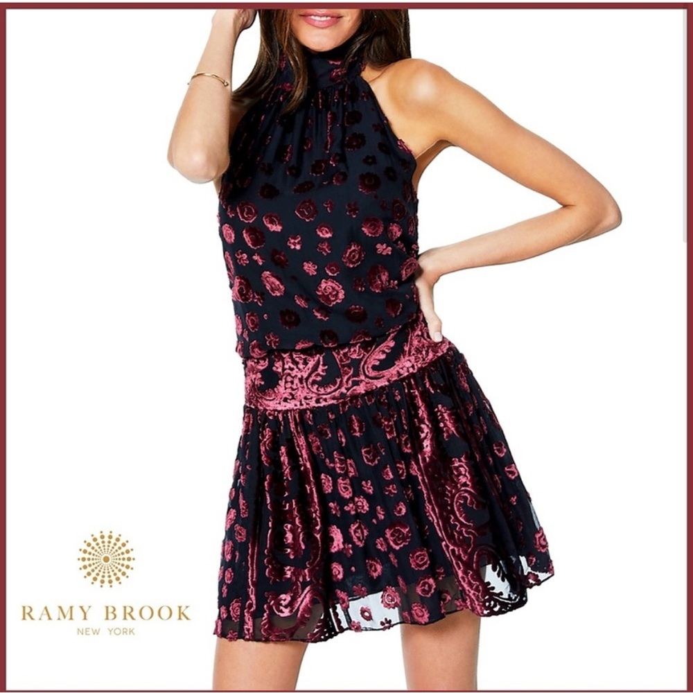 Ramy Brook Naima Pink/Black Velvet Floral Burnout Halter Mini Dress‎ Sz XS